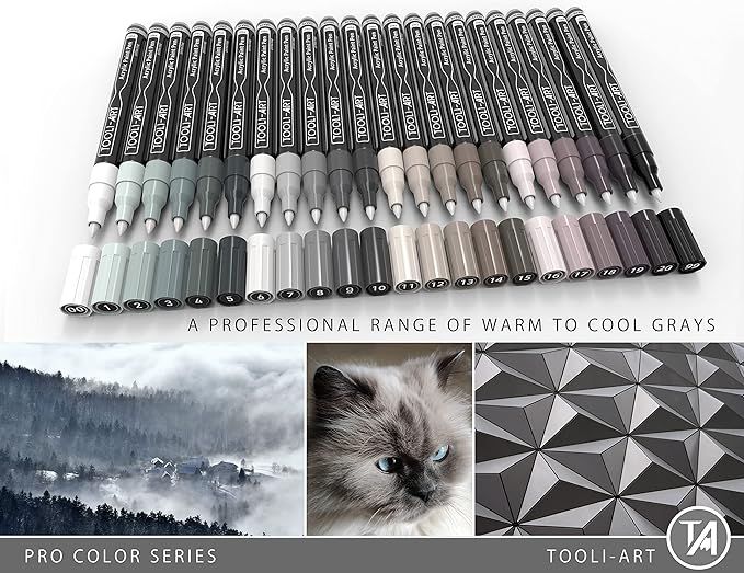 Acrylic Paint Pens 22 Gray Tones Assorted Pro Color Series Markers Set 0.7mm Extra Fine Tip for Rock Painting, Glass, Mugs, Wood, Metal, Canvas, Projects, Non Toxic, Waterbased, Quick Drying-DeskLoop Office