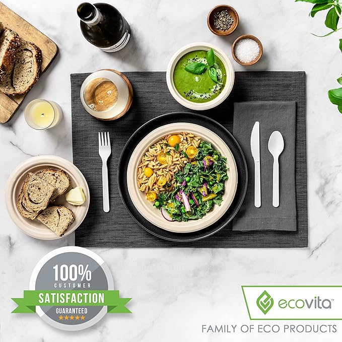100% Compostable Knives - 140 Large Disposable Utensils (7 in.) Eco Friendly Durable and Heat Resistant Alternative to Plastic Knives with Convenient Tray