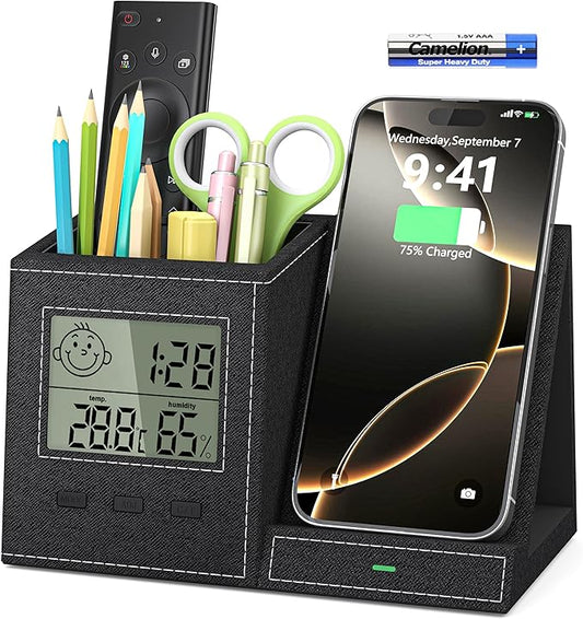 Multifunctional Pen Holder and Organizer for Desk with Wireless Charger, Digital Indoor Thermometer and Humidity Gauge, Home Office Organizers and Storage (Battery Included)-DeskLoop Office