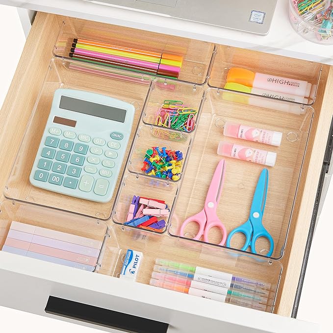Vtopmart 25 PCS Clear Plastic Drawer Organizers Set, 4-Size Versatile Bathroom and Vanity Drawer Organizer Trays, Storage Bins for Makeup, Bedroom, Kitchen Gadgets Utensils and Office-DeskLoop Office