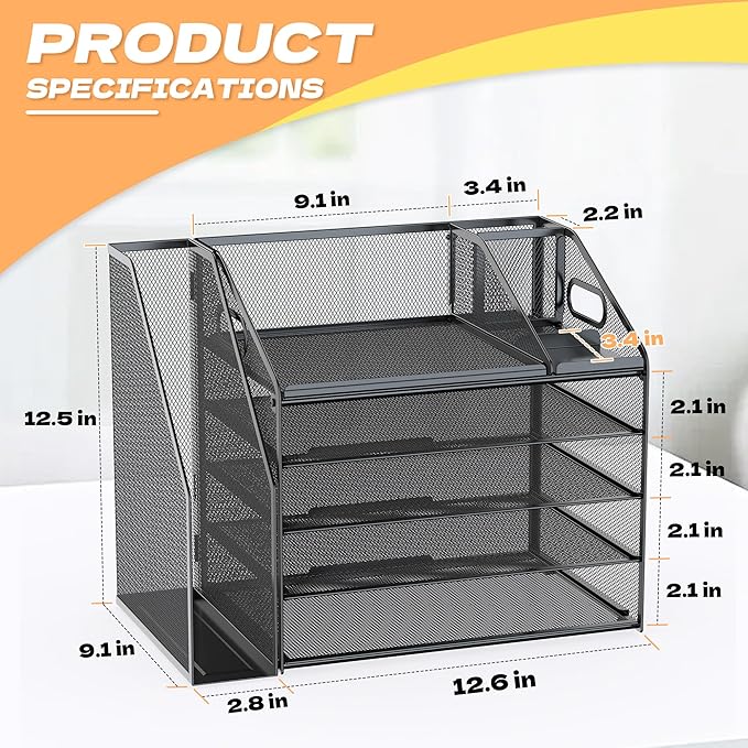 DocNest 5 Tier Paper Letter Tray File Organizer, Mesh Desk File with Handle, Workspace Desk Organizers with Pen Holder, Office Organization Storage Accessories - Black-DeskLoop Office