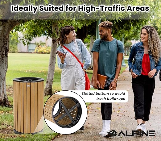 Alpine 32 Gallon Commercial Outdoor Trash Can - Heavy Duty Garbage Can Outdoor, Industrial Open Top Trash Can with Plastic Panels for Patio, Parks, Trails, Resorts (Flat Lid - Cedar)-DeskLoop Office