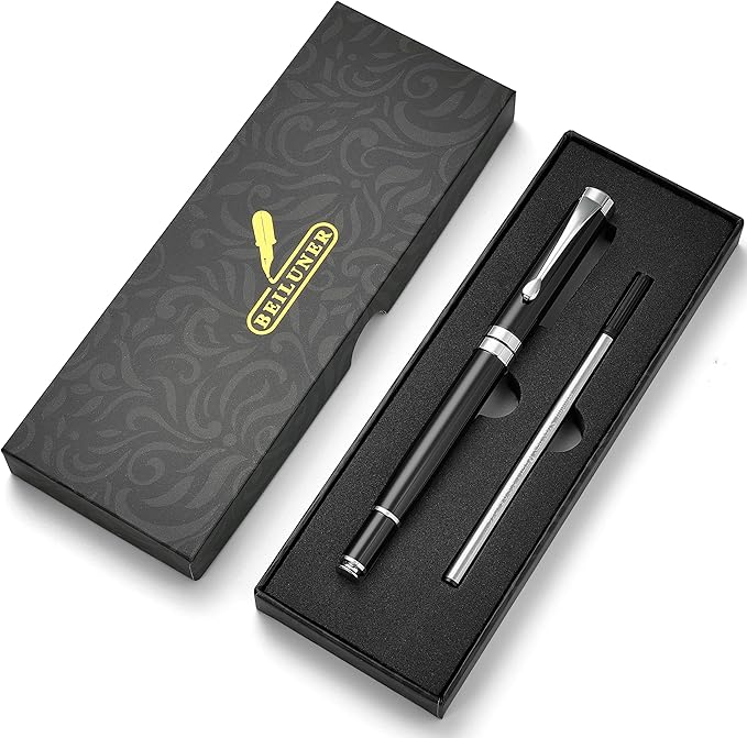 BEILUNER Ballpoint Pens, Stunning Black Chrome Ballpoint Pen with Silver Trim, Best Ball Pen Gift Set for Men & Women, Professional, Executive, Office, Fancy Pen-Gift Box With 0.5mm Extra Black Refill-DeskLoop Office