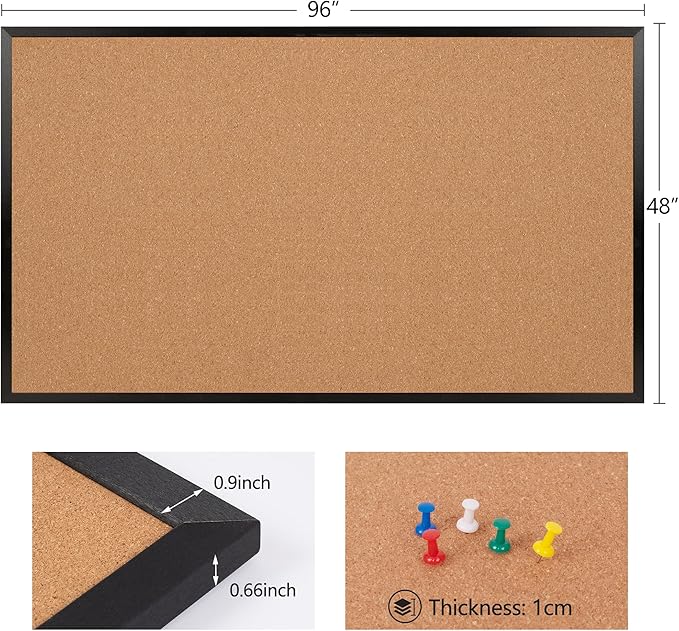 Board2by Extra Large Cork Bulletin Board 96" X 48", Black Wood Framed 8'x4' Corkboard for Wall, Wall Mounted Notice Pin Board with 18 Push Pins for School, Home & Office-DeskLoop Office