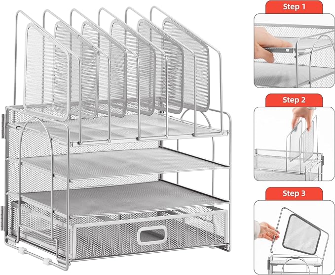 Marbrasse Desk Organizers, 4-Tier Mesh Desk File Organizer with 5 Vertical File Holders and 2 Pen Holders, Multifunction Desktop Organizer,Desk Organizers and Accessories for Home Office (Silver)-DeskLoop Office