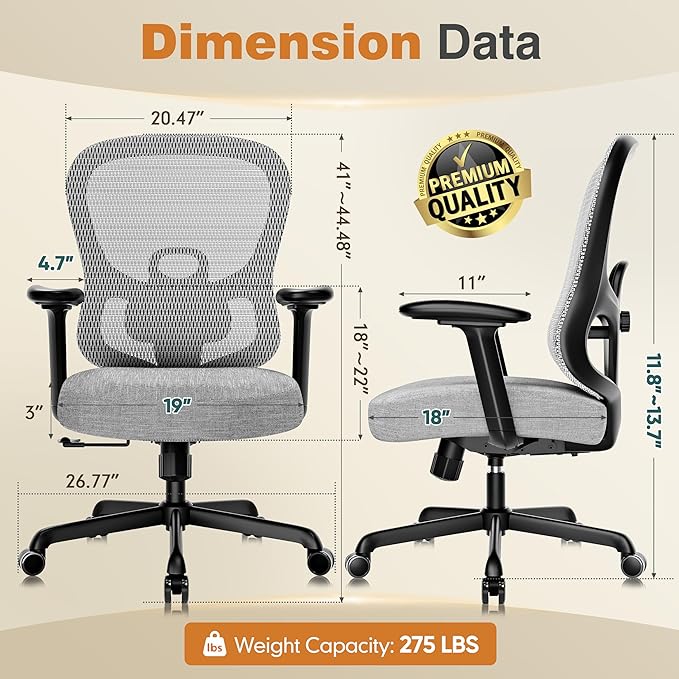 ELABEST Ergonomic Office Chair,Home Desk Chair with Mesh Back,Adjustable Lumbar Support,Built-in Springs Wide Seat,Executive Task Chair with 3-D Big Armrests,Tilt Function,Computer Desk Chair (Grey)-DeskLoop Office