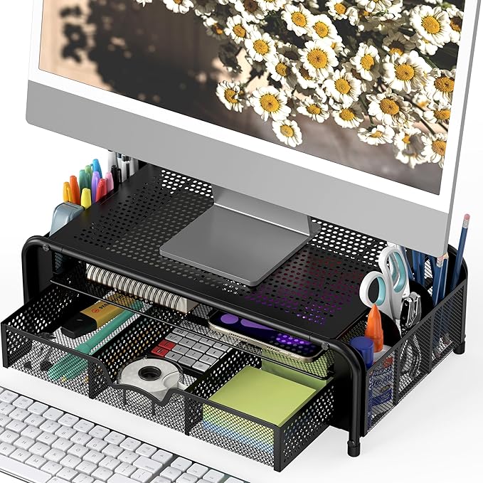 Simple Houseware Monitor Riser Stand with Pull-Out Drawer and Pen Holders, Black-DeskLoop Office