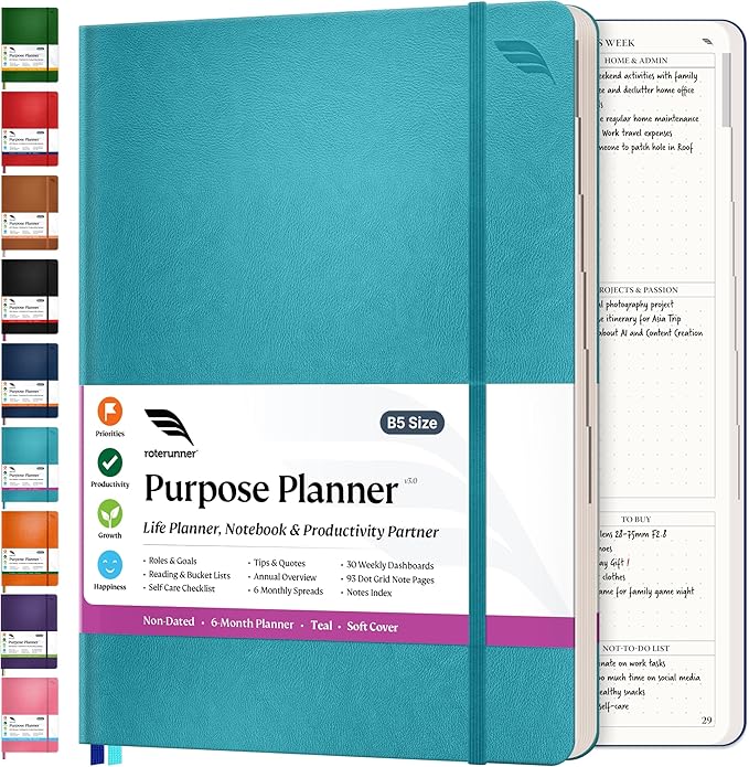 Roterunner Purpose Planner Notebook B5 7.5”x9.8” Undated Planner 2025 Daily Weekly and Monthly Productivity Goal Setting Tool for Work Home-DeskLoop Office