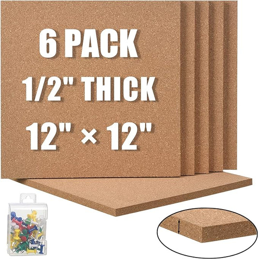 SUNGIFT Cork Board 12"x12" - 1/2" Thick Square Bulletin Boards 6 Pack Cork Tiles with 50 Push Pins Mini Wall Self-Adhesive Corkboards Tiles for Wall-DeskLoop Office