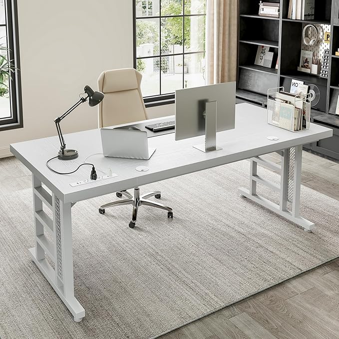 Coleshome 71 Inch Executive Desk with USB Ports, Large Computer Desk with Extra Thick, Long Mordern Office Workstation, Business Furniture for Home Office, White-DeskLoop Office