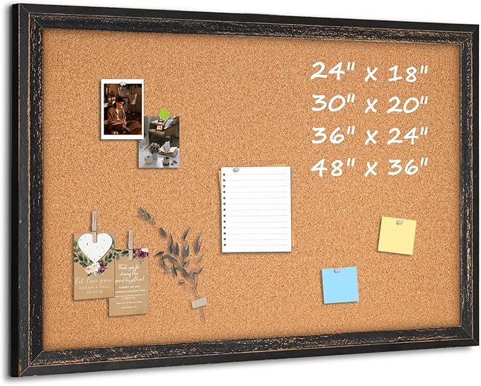 Cork Board Bulletin Board, 30" x 20" Corkboard for Wall, Rustic Black Wooden Frame, Decorative Hanging Pin Board for Home Office Room Decor, 10 Push Pins-DeskLoop Office