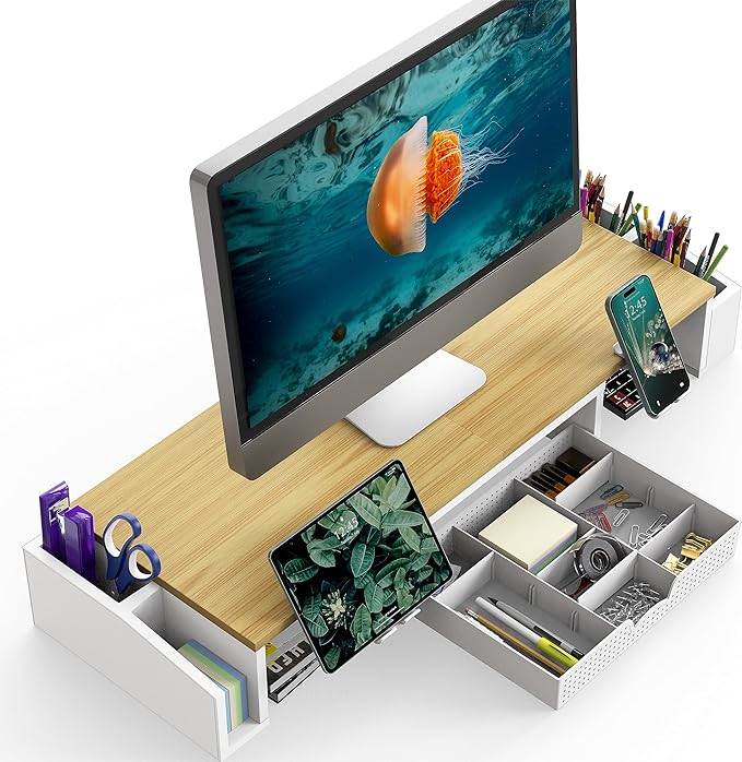 Simple Houseware Desk Dual Monitor Stand Riser with Drawer, Oak-DeskLoop Office