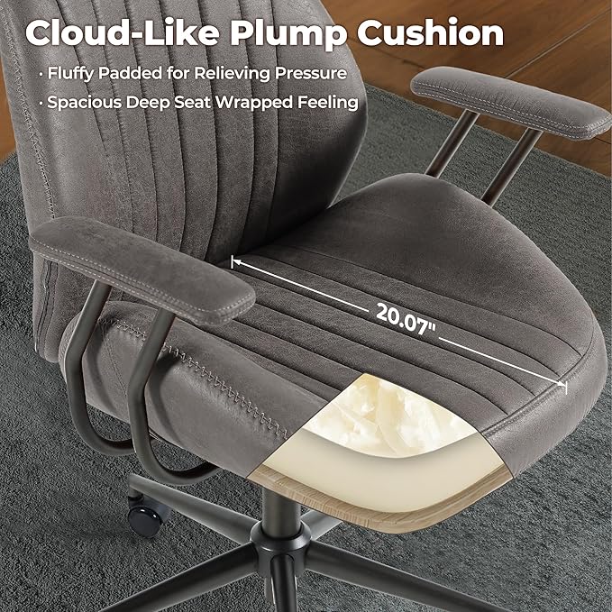 ovios Ergonomic Home Office Chair, Mid-Century Modern Faux Leather Chairs with Padded Armrests, Comfy High Back Swivel Rolling Executive Computer Armchair (Dark Grey, Suede Leather)-DeskLoop Office