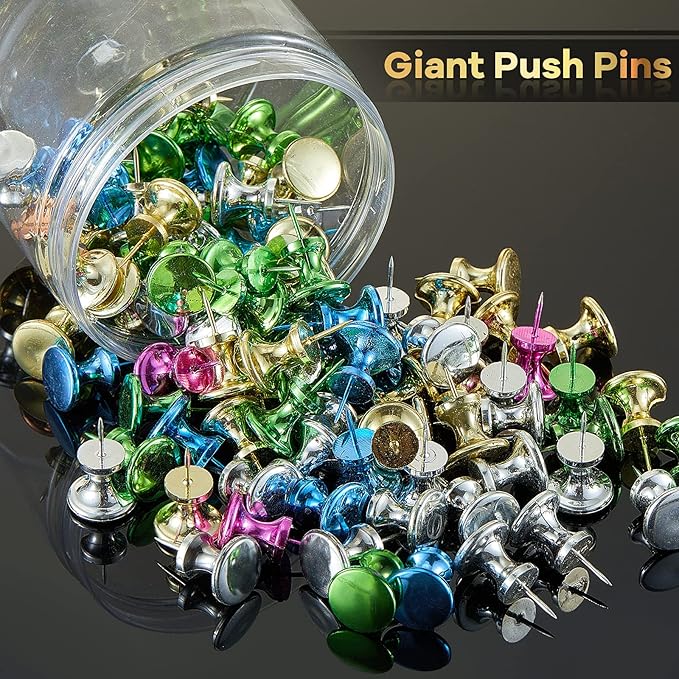 Outus 100 Pcs Giant Push Pins Large Thumb Tacks Plastic Heads 1 Inch Jumbo Push Pins for Cork Board Map Posters Office School(Purplish Red, Gold, Blue, Green, Silver)-DeskLoop Office