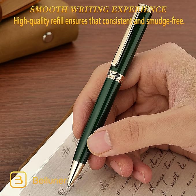 BEILUNER Luxury Gel Pen with 24K Gold Finish, Green Piano Lacquer, Luxury Grade Craftsmanship, Fancy Pen Gift Set for Men and Women, Graduation Gift, Executive, Office, Retractable, Nice Pen Set-DeskLoop Office