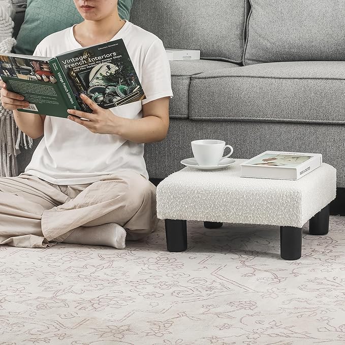 Joveco Small Foot Stool Ottoman, Cotton Line Square Footstool Upholstered Footrest Foot Rest for Chair, Under Desk, Office, Living Room, Pinstripe White-DeskLoop Office