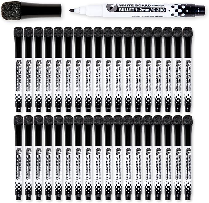Glassboard Studio Black Fine Tip Dry Erase Markers Bulk 36-Pack with Magnetic Eraser Cap and Low Odor Ink for White Boards at School, Work, or Home-DeskLoop Office