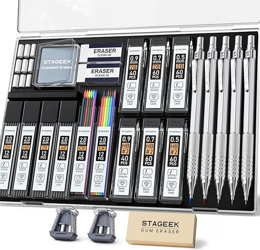 25PCS Art Mechanical Pencil Set, 3PCS Metal lead pencil 0.5, 0.7, 0.9, 2PCS 2mm Drawing Pencil (HB 2H 2B 4B Color) with 392PCS Graphite Leads, Eraser with Case for Drafting Drawing Writing-DeskLoop Office