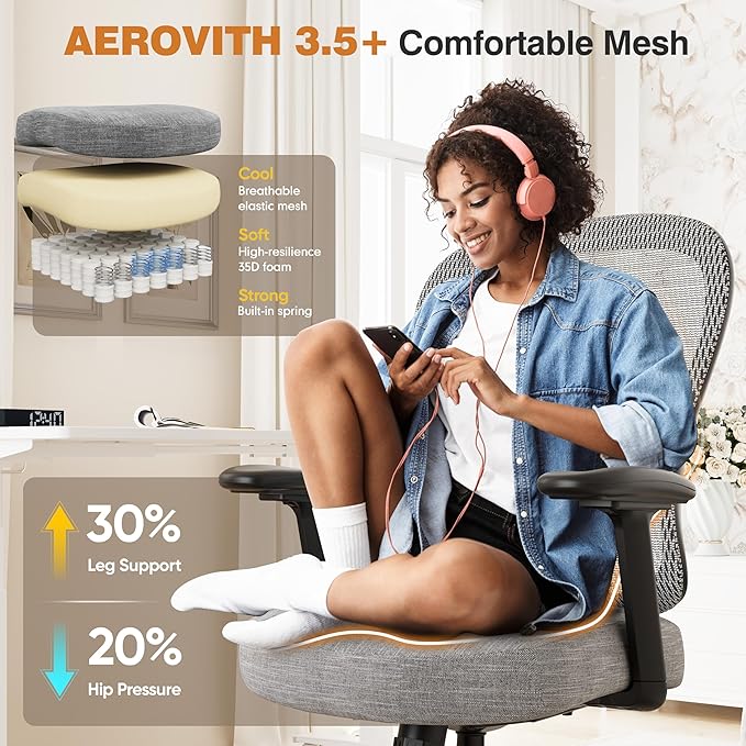 ELABEST Ergonomic Office Chair,Home Desk Chair with Mesh Back,Adjustable Lumbar Support,Built-in Springs Wide Seat,Executive Task Chair with 3-D Big Armrests,Tilt Function,Computer Desk Chair (Grey)-DeskLoop Office