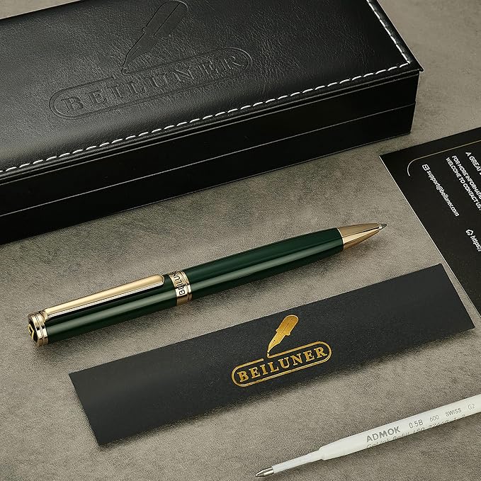 BEILUNER Luxury Gel Pen with 24K Gold Finish, Green Piano Lacquer, Luxury Grade Craftsmanship, Fancy Pen Gift Set for Men and Women, Graduation Gift, Executive, Office, Retractable, Nice Pen Set-DeskLoop Office