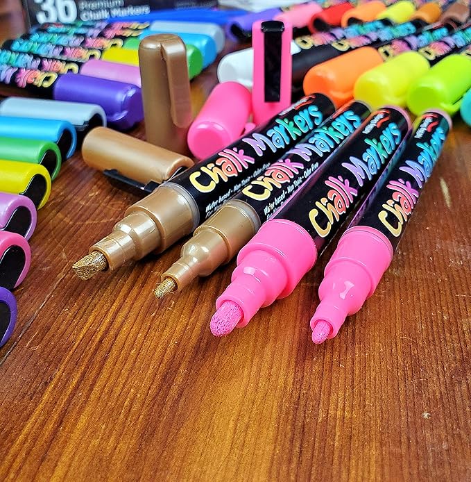 ArtShip Design 36 Chalk Markers Double Pack of Both Fine & Reversible Medium Tip Liquid Chalk Pens with Labels & Tip Tweezers Wet Erase Menu Boards, Windows, Mirrors, Non-Porous Chalkboards, Metal-DeskLoop Office