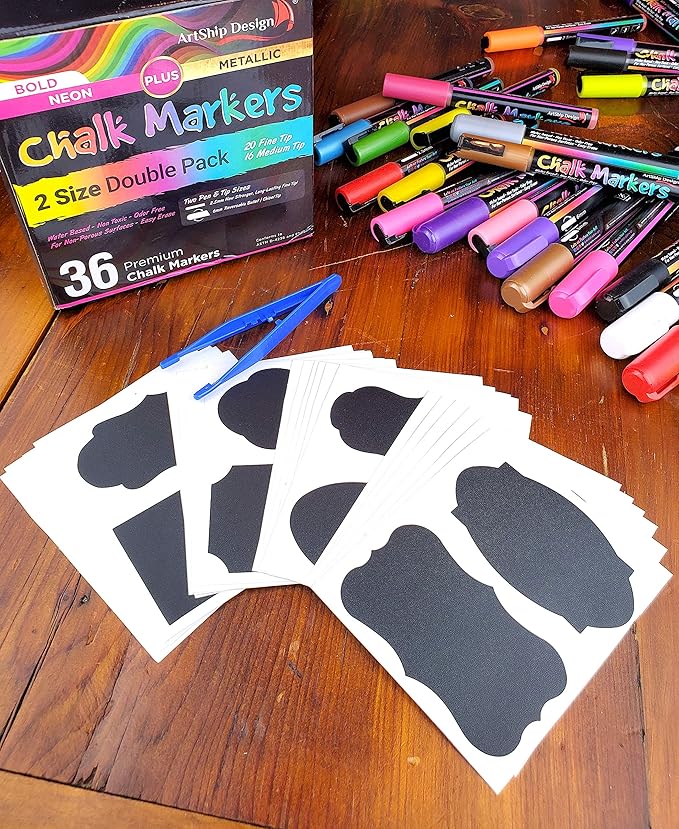 ArtShip Design 36 Chalk Markers Double Pack of Both Fine & Reversible Medium Tip Liquid Chalk Pens with Labels & Tip Tweezers Wet Erase Menu Boards, Windows, Mirrors, Non-Porous Chalkboards, Metal-DeskLoop Office