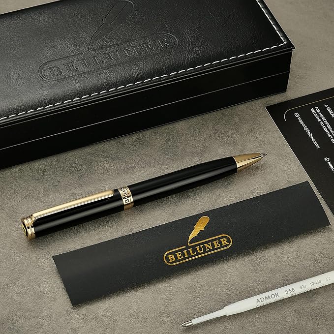 BEILUNER Luxury Gel Pen with 24K Gold Finish, Black Piano Lacquer, Luxury Grade Craftsmanship, Best Pen Gift Set for Men and Women, Professional, Executive, Office, Retractable Nice Pens-DeskLoop Office
