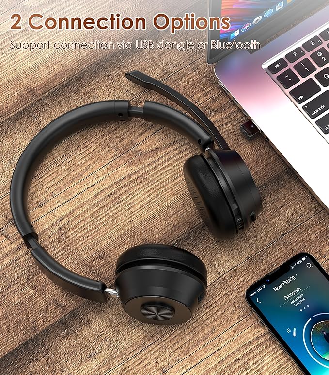 (Upgraded Version) Wireless Headset, Bluetooth Headset with Noise Cancelling Microphone, Best Headphones with Mic Mute & USB Dongle for PC/Computer/Laptop/Cell Phones/Remote Work/Call Center-DeskLoop Office