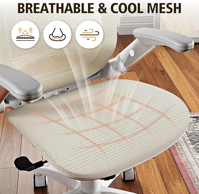 GABRYLLY Ergonomic Office Chair, High Back Home Desk Chair with Headrest, Flip-Up Arms, 90-120° Tilt Lock and Wide Cushion, 400LBS Mesh Chairs for Man Woman, White Task Chair(Beige,GY01WBG)-DeskLoop Office