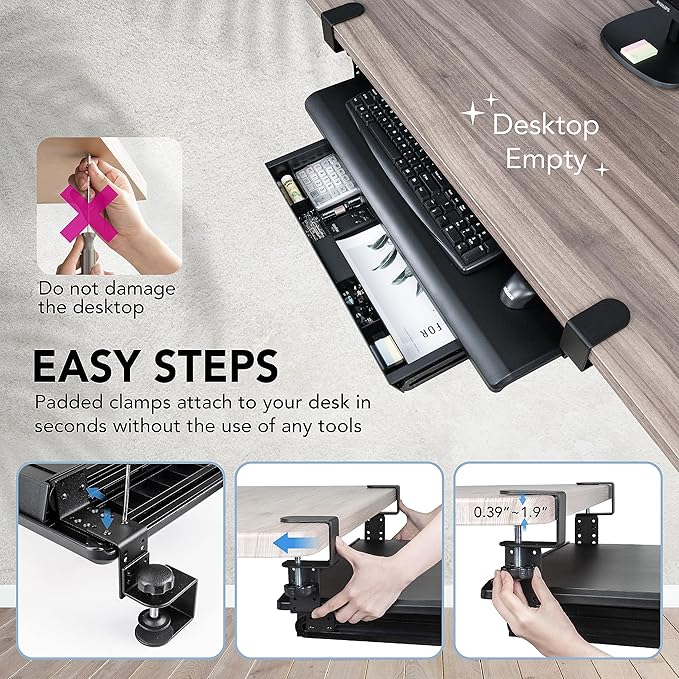 EHO Keyboard Tray with Drawer - Clamp On Under Desk Pull Out Extender Table Attachment Platform with Storage Organizer, Large 27.5" (31.8" Including Clamps) x 12.2", Height Adjustable for Home Office-DeskLoop Office