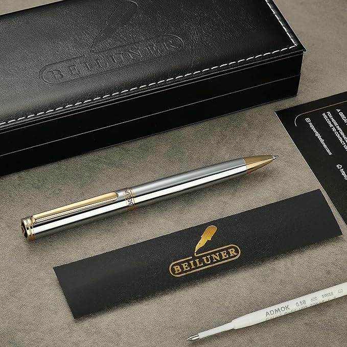 BEILUNER Silver Gold Gel Pen - Luxury Featuring sophisticated chrome finishes, with 24K Gold Accents, Best Pen Gift Set for Men & Women, Business Signature, Executive, Office Retractable Pens-DeskLoop Office