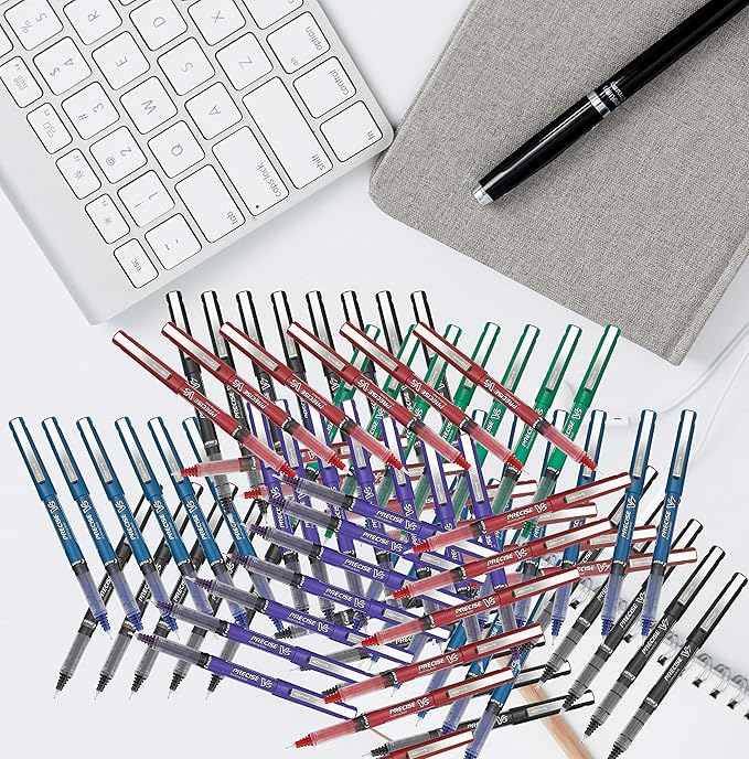 Precise V5/V7 Stick Rolling Ball Pens, Fine and Extra Fine Point, Assorted Points Black Ink, 6-pk; Bundle with Plastic Reusable Pouch-DeskLoop Office