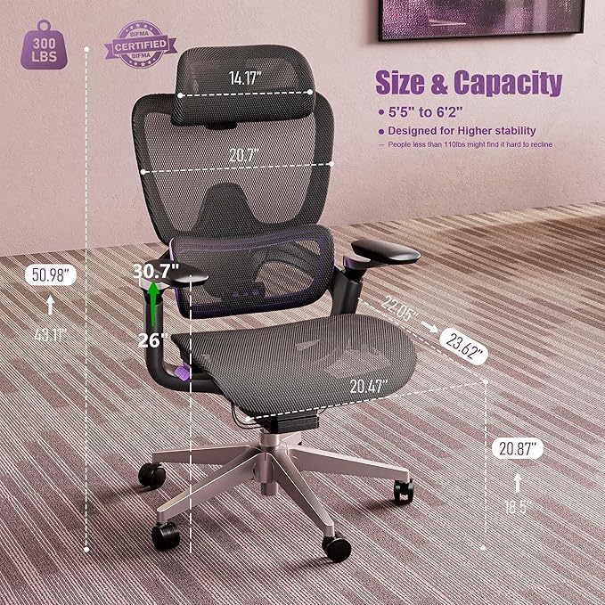 Ergonomic Office Chair, Mesh Home Office Desk Chair with Adjustable Lumbar Support, Big and Tall Gaming Chair with 4D Headrest, 5D Armrest,90-130°Tilt, BIFMA Certified, Model Zen (Purple)-DeskLoop Office