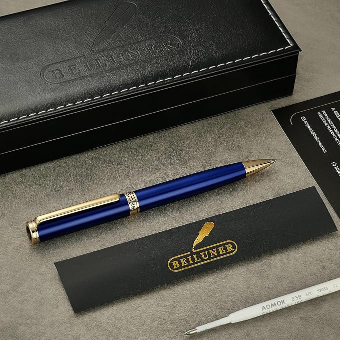 BEILUNER Blue Lacquer Gel Pen - Stunning Luxury Pen with 24K Gold Finish, ADMOK Black Refill, Executive Gift Set for Family & Friends, Writing, Fancy, Office, Retractable Pens-DeskLoop Office