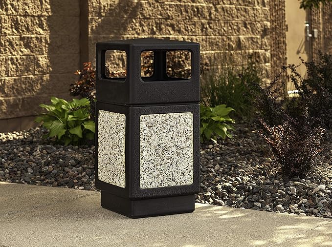 Safco Canmeleon Trash Can, 38 Gallons, Indoor and Outdoor Use, Durable & Weather-Resistant Commercial Garbage Can with Stone Panels, Black-DeskLoop Office