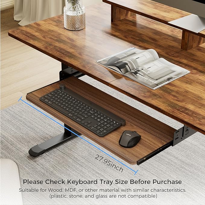 EUREKA ERGONOMIC Adjustable Keyboard Tray Under Desk, 28x11 Inch Large Slide Out Keyboard & Mouse Platform Tray, Wooden Pull Out Computer Keyboard Drawer for Typing Home Office Desk, Walnut-DeskLoop Office