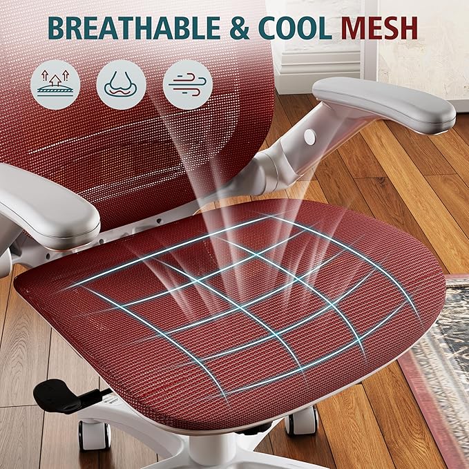 GABRYLLY Ergonomic Office Chair, High Back Home Desk Chair with Headrest, Flip-Up Arms, 90-120° Tilt Lock and Wide Cushion, 400LBS Mesh Chairs for Man Woman, White Task Chair(Red,GY01WR)-DeskLoop Office