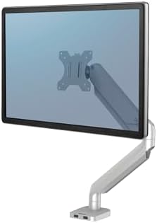 Fellowes Platinum Series Single Monitor Arm for 40-Inch Monitors, Full Motion, 360° Rotation, VESA Mount with Grommet or Clamp, USB Ports, Ergonomic, Silver, 8056401-DeskLoop Office