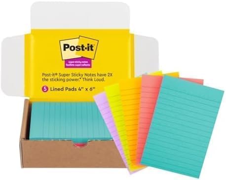 Post-it Super Sticky Lined Notes 4x6 | Bright Colors | Double Sticking Power | by Unknown