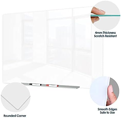 J&J worldwide Glass Whiteboard, Magnetic Brilliance White Glass Dry Erase Board 4' x 3' Imperforated, Frameless, Includes Markers, Magnets, Aluminum Marker Tray, Eraser for Wall, Office, Home-DeskLoop Office