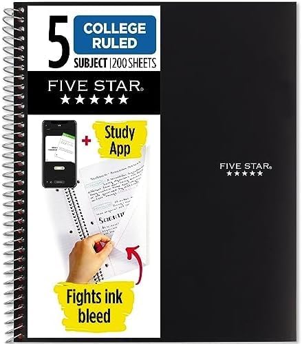 Five Star Spiral Notebook + Study App, 5 Subject, College Ruled Paper, 8-1/2" x by FiveStar