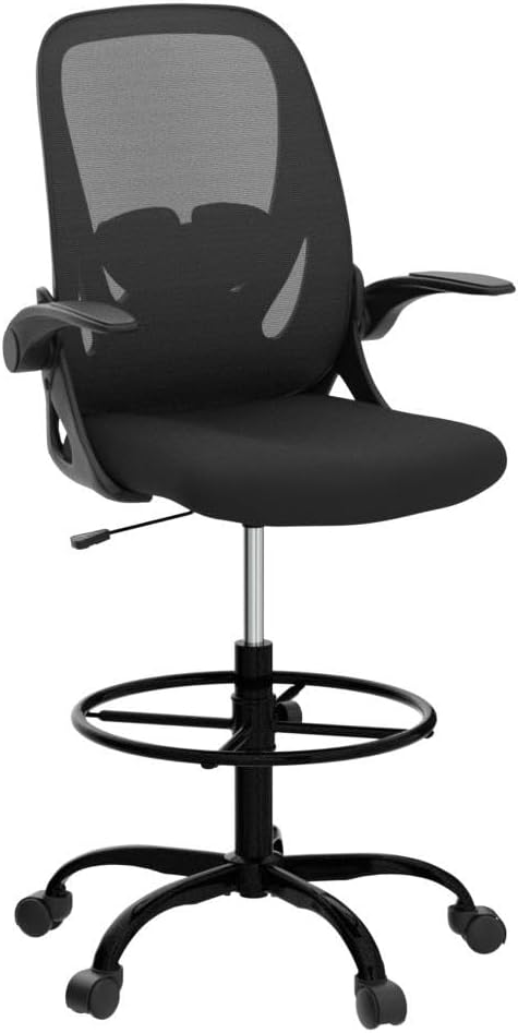 Primy Drafting Chair Tall Office Chair with Flip-up Armrests Executive Ergonomic Computer Standing Desk Chair with Lumbar Support and Adjustable Footrest Ring (Black)-DeskLoop Office