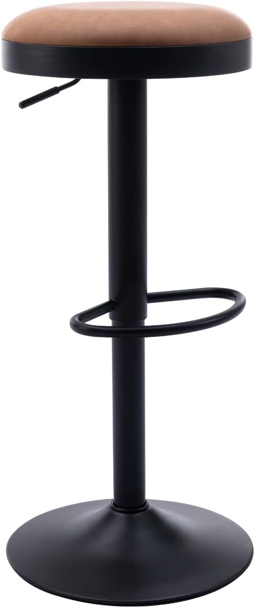 Round Swivel Counter Height Bar Stools Set of 1 Modern Adjustable Barstools Backless PU Leather Bar Chairs Industrial Island Chairs with Metal Base/Footrest for Kitchen Island/Pub/Bar, Brown-DeskLoop Office