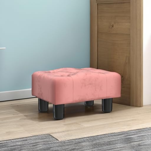 LUE BONA Small Foot Stool Ottoman, Velvet Tufted Footrest with Plastic Legs, 9''H, Rectangle Foot Stools for Adult with Non-Slip Pads, Footstool for Living Room,Couch, Pink-DeskLoop Office