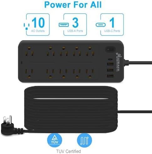 20 FT Power Strips with Surge Protection 1625W/13A, 10 Outlets with 4 USB Ports (1 USB C) Long Extension Cord with Multiple Outlets 14-in-1 1700J 16Awg Flat Plug Power Strip Protector Black ETL Listed-DeskLoop Office