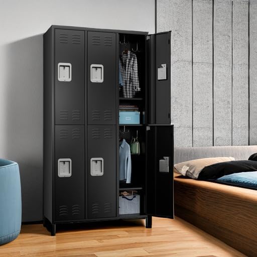 6 Doors Metal Lockers for Employees with Lock, Metal Locker with 18 Hooks for School Garage Office Gym Home,Assembly Required,Black-DeskLoop Office