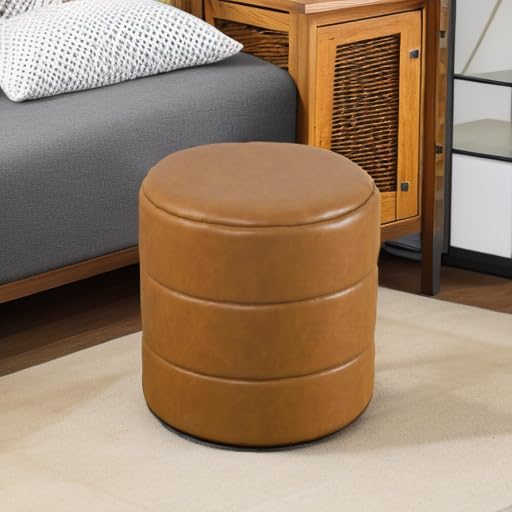 HomePop Upholstered Faux Leather Round Ottoman Home Décor|Foot Rest Ottoman- Carmel Brown-DeskLoop Office