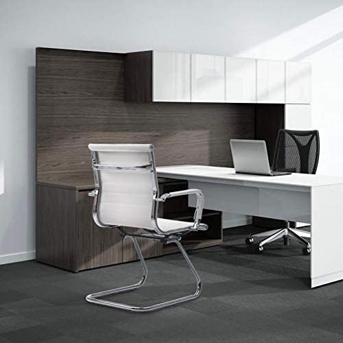 White Office Desk Chair No Wheels Set of 6 PU Leather Computer Chairs Mid Back Guest Chairs for School Reception Conference Waiting Room, White-DeskLoop Office
