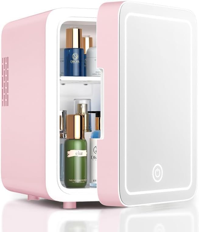 Skincare Fridge With Dimmable LED Light Mirror, 4L Makeup Mini Fridge for Bedroom, Car, Office & Dorm, Cooler & Warmer, Portable Small Refrigerator for Cosmetics, Skin Care and Food, Pink-DeskLoop Office
