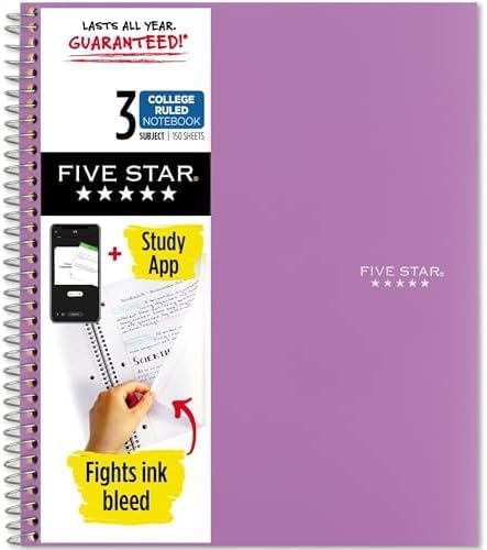 Five Star Spiral Notebook + Study App, 3 Subject, College Ruled Paper, 8-1/2" x by FiveStar